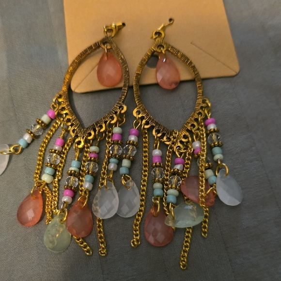 Elegant Gold and Multicolor Beaded Dangle Earrings - Picture 5 of 5
